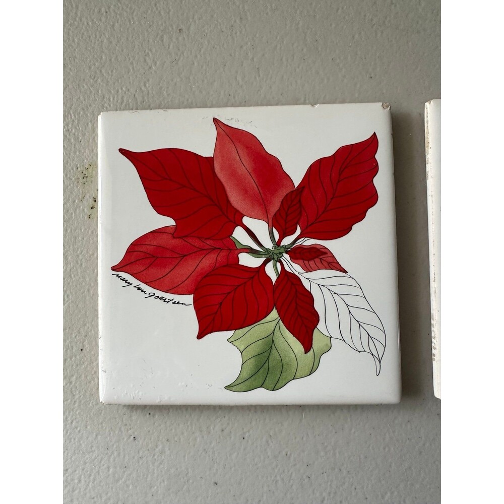Block Spal Mary Lou Goertzen 2 Decorative Ceramic Tile Poinsettia Coasters - Picture 2 of 7
